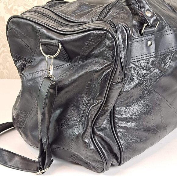 Genuine Black Leather Patchwork Duffel Bag With Adjustable Strap Multi Pockets - Picture 7 of 16